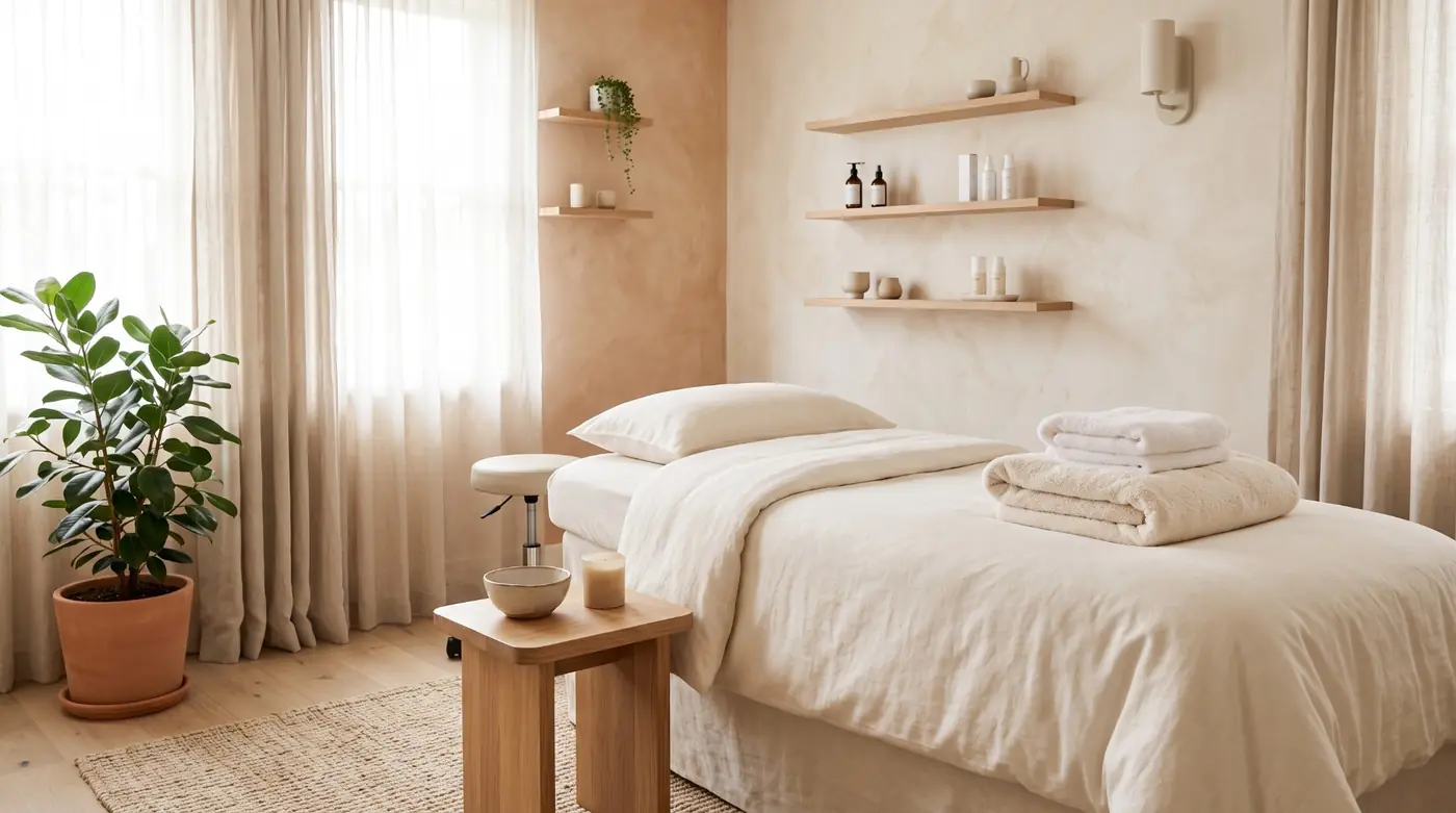 Sala de tratamientos luminosa de un centro de estética con camilla y toallas