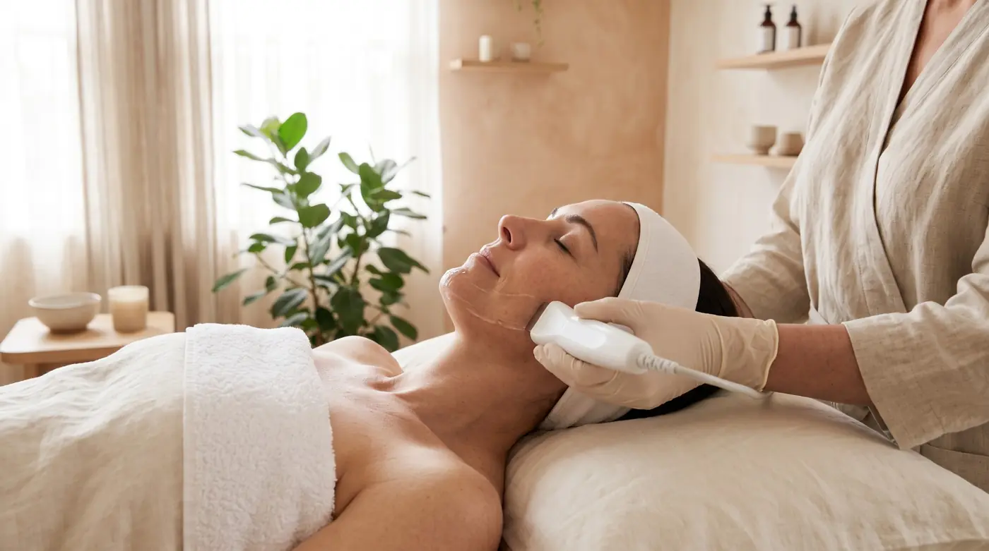 Mujer recibiendo un tratamiento de ultrasonido facial en una sala luminosa