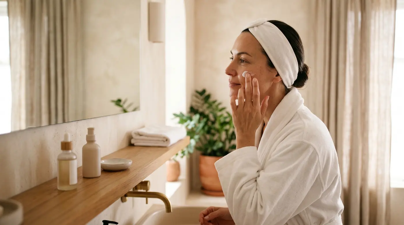 Mujer con la piel luminosa aplicándose crema hidratante frente al espejo