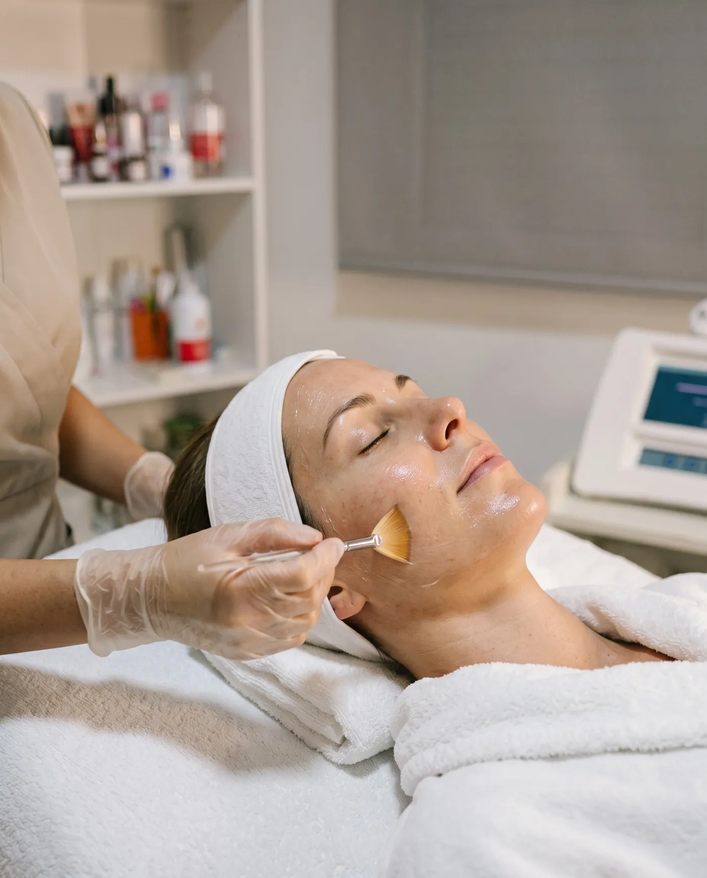 Aplicación de peeling químico con pincel en Estética Lamónico, Villa Santa Rita